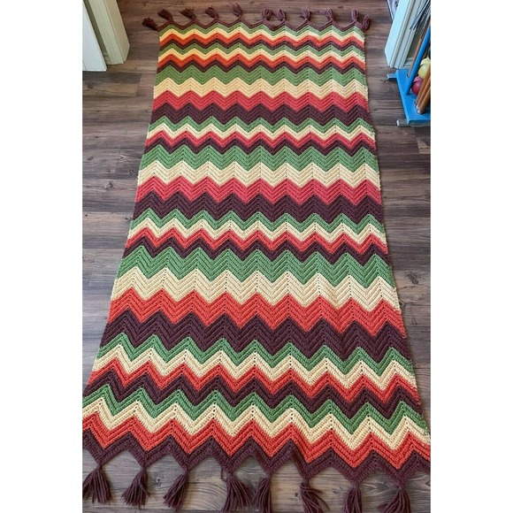 Handmade Other - Vintage Retro Boho Afghan 70s Chevron GOLDBERGS TV